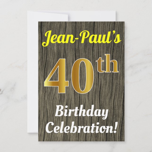 Invitation Faux Wood, Faux Gold 40e anniversaire (Devant)