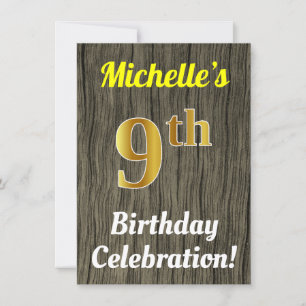 Invitation Faux Wood, Faux Gold 9e anniversaire Fête