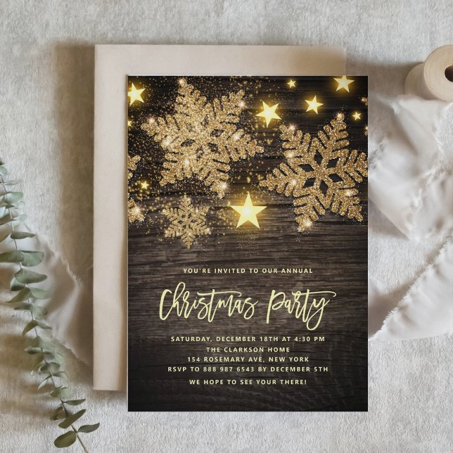 Invitation Faux Wood Gold Parties scintillant Flocs de neige  (Créateur téléchargé)