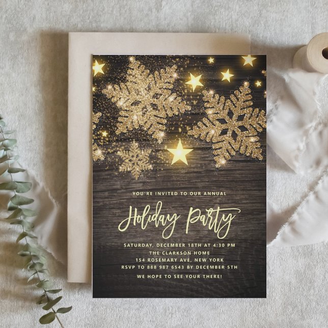 Invitation Faux Wood Gold Parties scintillant Snowflakes Fête (Créateur téléchargé)
