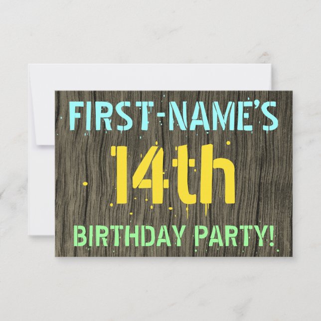 Invitation Faux Wood, Peint Texte Look, 14e anniversaire + No (Devant)