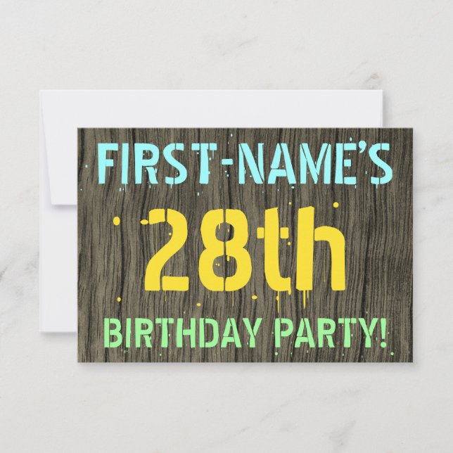 Invitation Faux Wood, Peint Texte Look, 28e anniversaire + No (Devant)