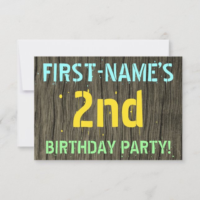 Invitation Faux Wood, Peint Texte Look, 2e anniversaire + Nom (Devant)