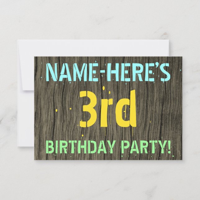 Invitation Faux Wood, Peint Texte Look, 3e anniversaire + nom (Devant)