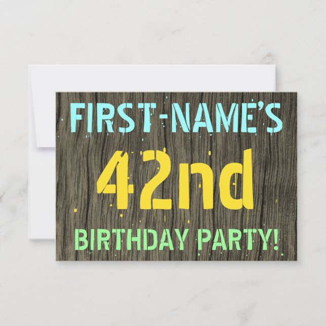 Invitation Faux Wood, Peint Texte Look, 42e anniversaire + No (Devant)