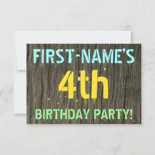 Invitation Faux Wood, Peint Texte Look, 4e anniversaire + Nom