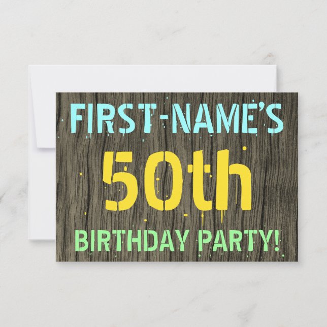 Invitation Faux Wood, Peint Texte Look, 50e anniversaire + No (Devant)
