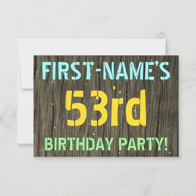 Invitation Faux Wood, Peint Texte Look, 53ème anniversaire +  (Devant)