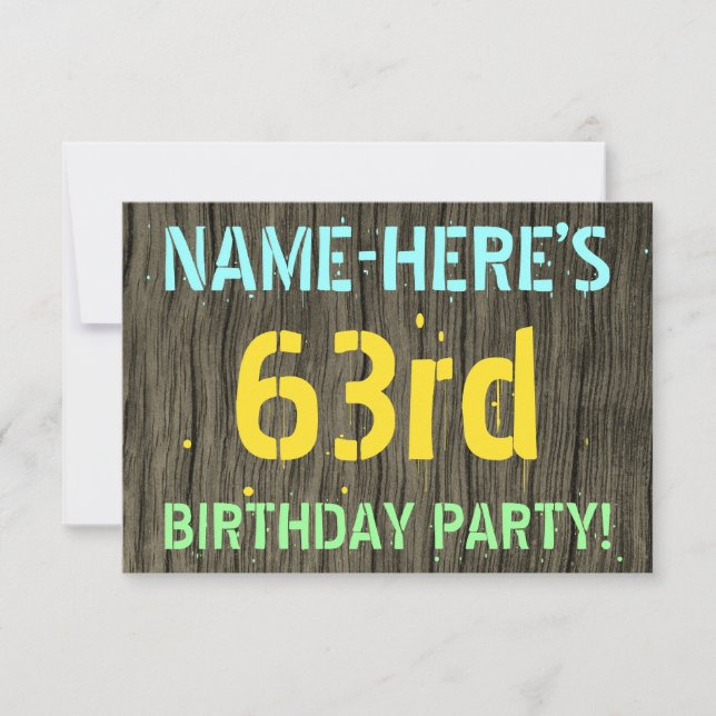 Invitation Faux Wood, Peint Texte Look, 63ème anniversaire +  (Devant)