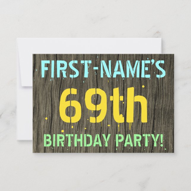 Invitation Faux Wood, Peint Texte Look, 69e anniversaire + No (Devant)