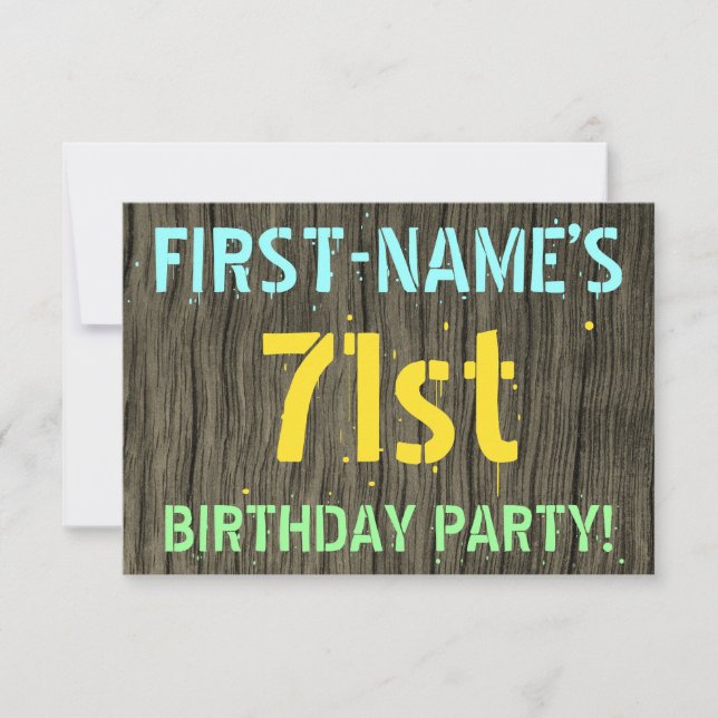 Invitation Faux Wood, Peint Texte Look, 71e anniversaire + No (Devant)