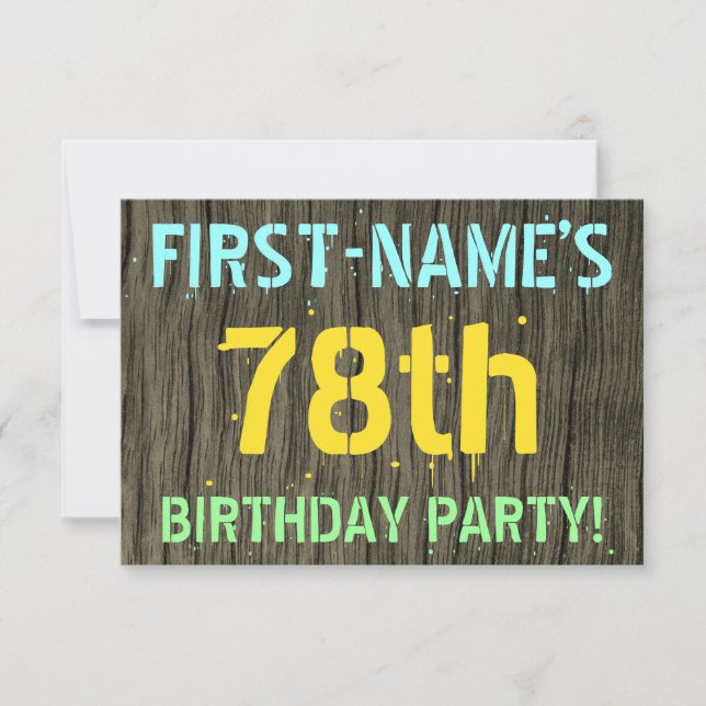 Invitation Faux Wood, Peint Texte Look, 78e anniversaire + No (Devant)