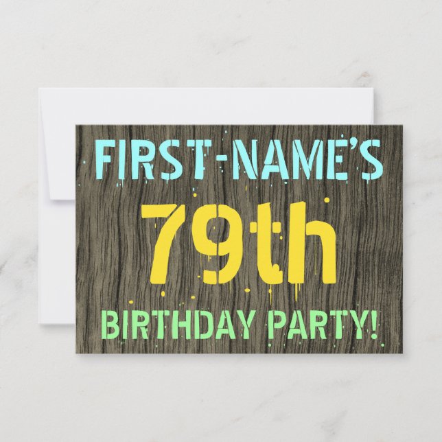Invitation Faux Wood, Peint Texte Look, 79e anniversaire + No (Devant)