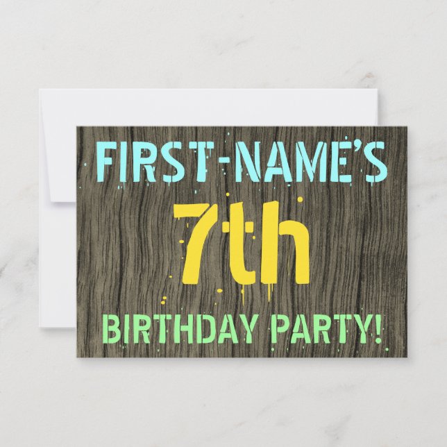 Invitation Faux Wood, Peint Texte Look, 7e anniversaire + Nom (Devant)