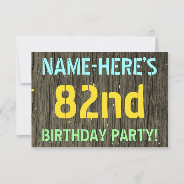 Invitation Faux Wood, Peint Texte Look, 82e anniversaire + No (Devant)