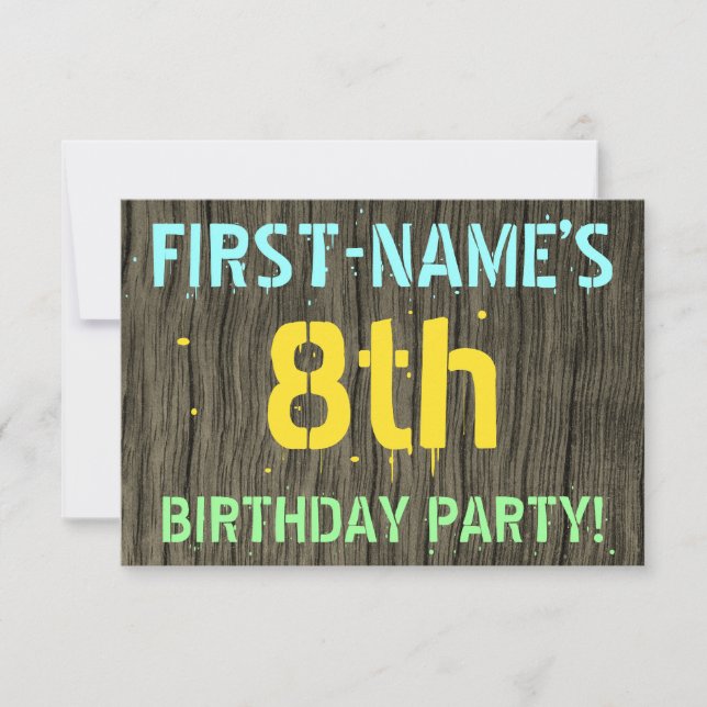 Invitation Faux Wood, Peint Texte Look, 8e anniversaire + nom (Devant)