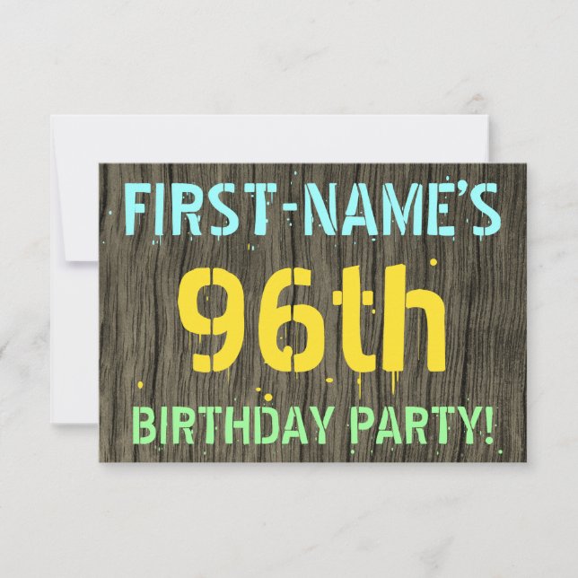 Invitation Faux Wood, Peint Texte Look, 96e anniversaire + No (Devant)