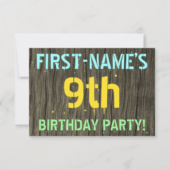 Invitation Faux Wood, Peint Texte Look, 9e anniversaire + nom (Devant)