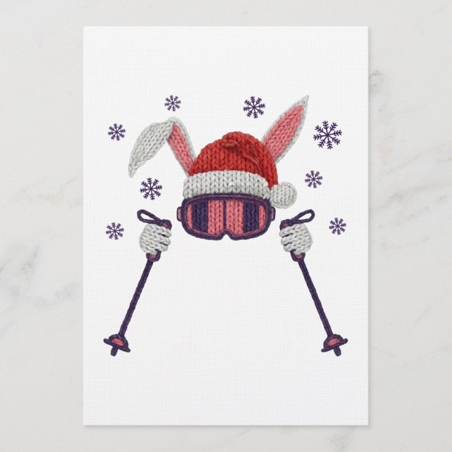Invitation Faux yarn skiing rabbit with Santa hat winter humo (Devant)