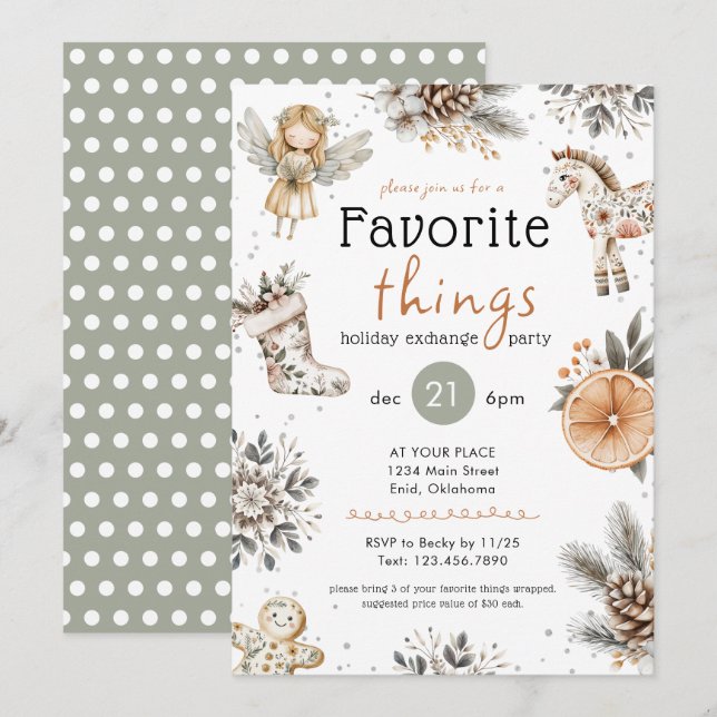 Invitation Favorite Things Boho Gift Exchange Holiday Party (Devant / Derrière)