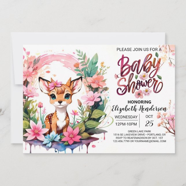 Invitation Fawn Aventure Baby shower fille rose (Devant)