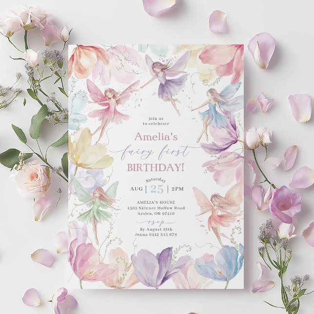 Invitation Fée 1er anniversaire Rainbow Fairy Girls (Rainbow Fairy First Birthday Invitation | Girl's 1st birthday fairy invitation | Rainbow flowers)