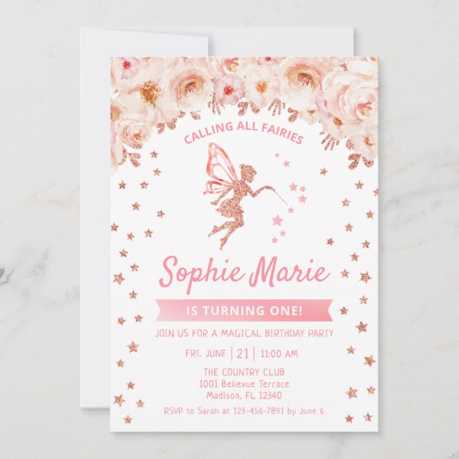 Invitation Fée 1er Anniversaire - Rose Gold Pink (Devant)