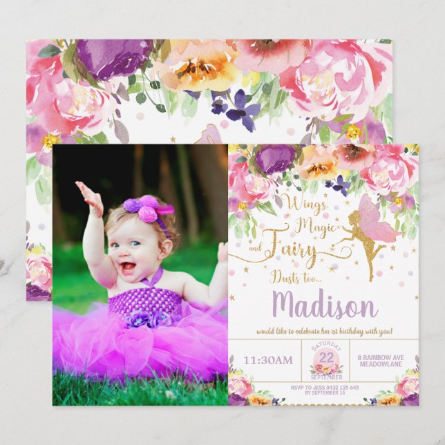 Invitation Fée Anniversaire Fête violet Floral Whimsical Phot (Devant / Derrière)