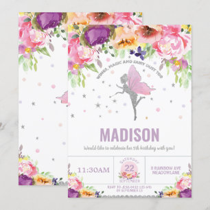 Invitation Fée Anniversaire violet rose Parties scintillant f