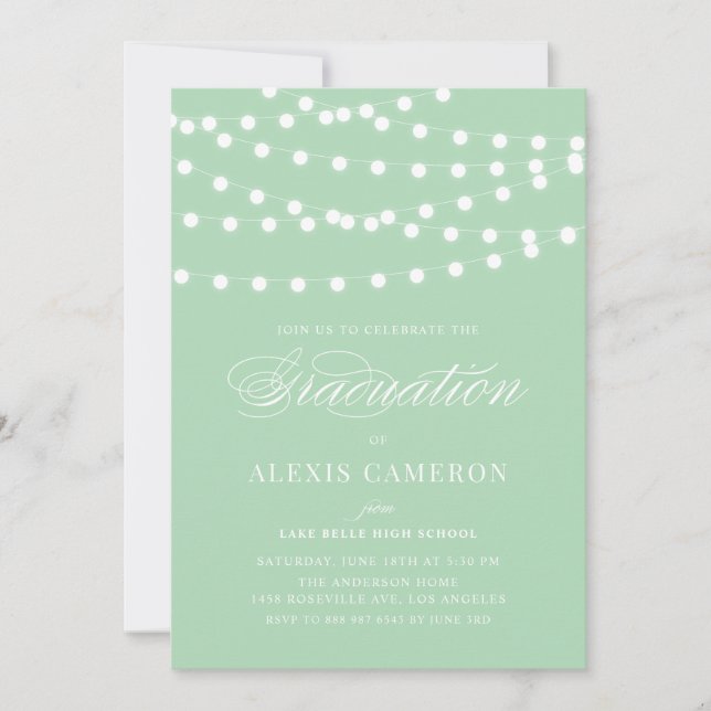 Invitation Fée blanche Lumières Mint Green Graduation Party (Devant)