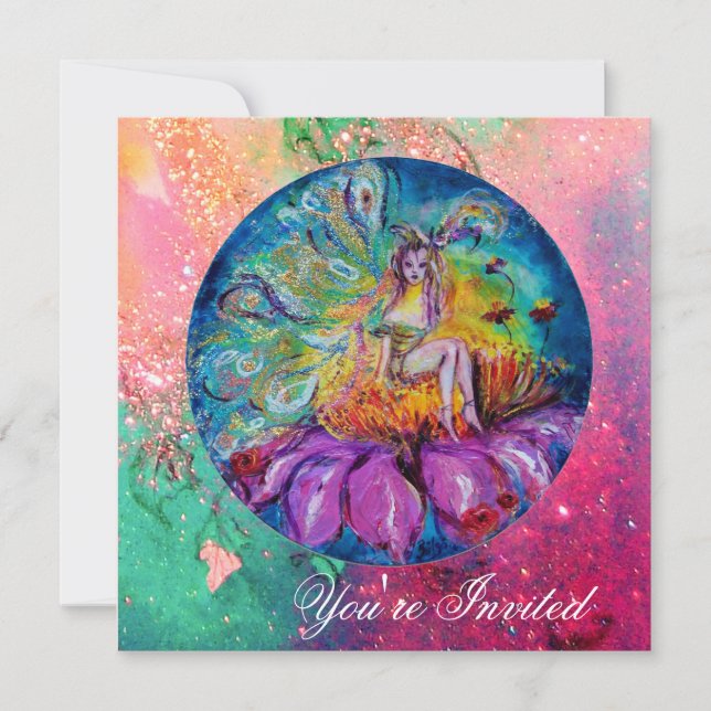 Invitation FÉE DANS LA NUIT rose vert bleu jaune scintille (Devant)