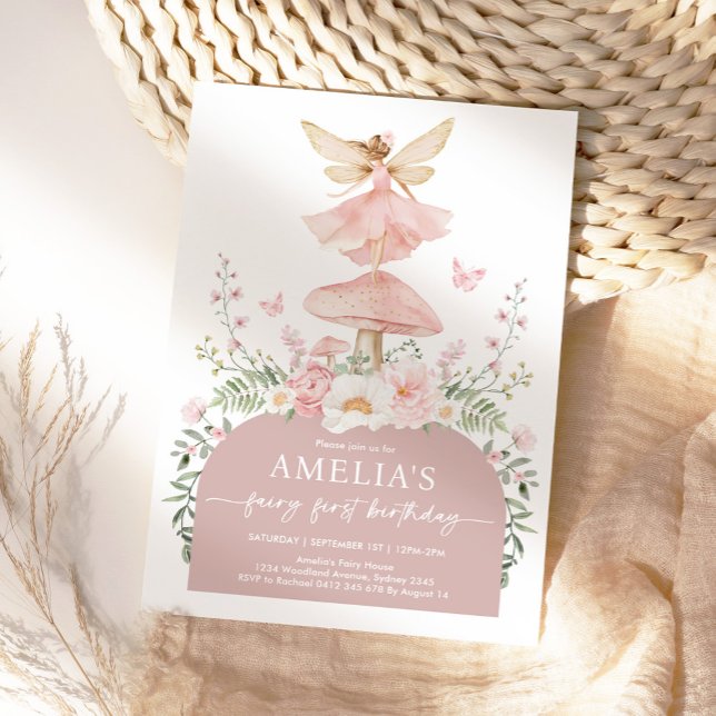 Invitation Fée de forêt rose pâle Première fête d'anniversair (Créateur téléchargé)