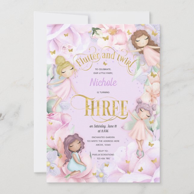 Invitation Fée de jardin avec fleur violet rose, 3e anniversa (Devant)