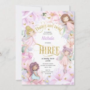 Invitation Fée de jardin avec fleur violet rose, 3e anniversa