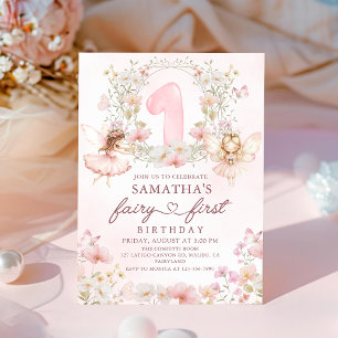 Invitation Fée de jardin floral rose premier anniversaire
