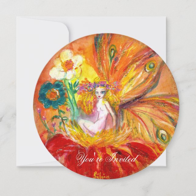 Invitation FÉE DES FLEURS rouge jaune or scintille (Devant)