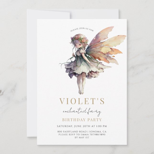 Invitation Fée d'or de la fille fête d'anniversaire (Devant)
