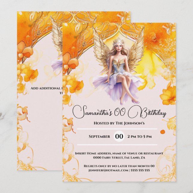 Invitation Fée élégante filles orange fête d'anniversaire (Devant / Derrière)