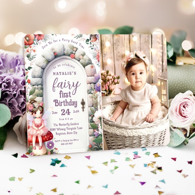 Invitation Fée Enchanted Porte Fée Premier Anniversaire Photo (Fairy First Birthday Photo Invitation with Brown Hair Fairy Girl and Enchanted Fairy Doorway.)