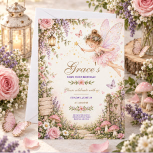 Invitation Fée fille 1er Anniversaire Jardin Enchanté Floral