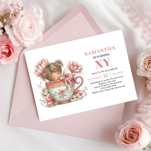 Invitation Fée Fille Anniversaire Rougeur Floral Rose Thé Par
