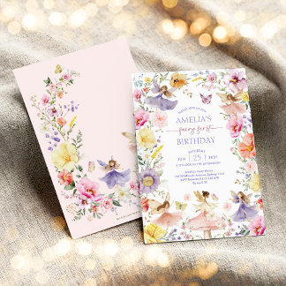 Invitation Fée Fleur sauvage colorée Premier anniversaire fêt