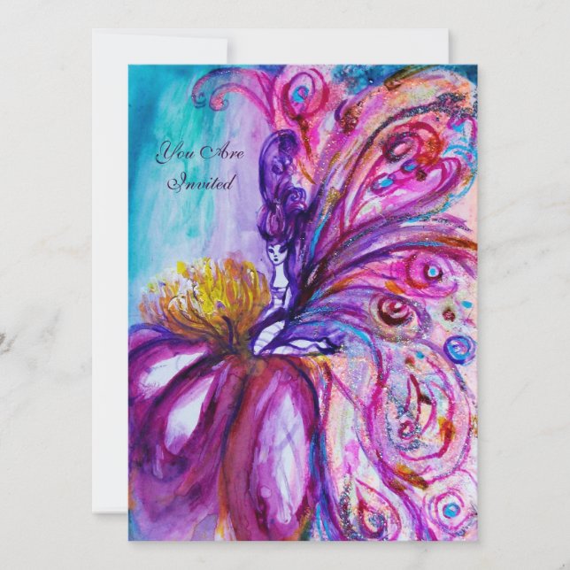 INVITATION FÉE FLEUR WHIMSICALE MIGNONNE EN ROSE, ÉCLATS D'OR (Devant)