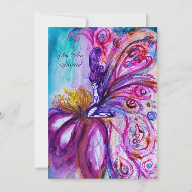 INVITATION FÉE FLEUR WHIMSICALE MIGNONNE EN ROSE, PAILLETTES  (Devant)