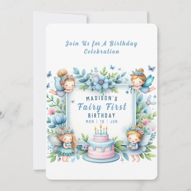 Invitation Fée florale pastel bleu pour premier anniversaire  (Devant)