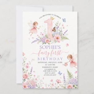 Invitation Fée florale rose premier anniversaire