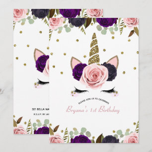 Invitation Fée licorne pailletée or glamour florale sombre An