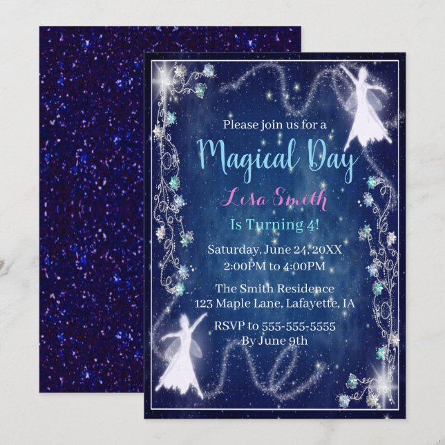 Invitation Fée Magique Bleu étoile Nuit Anniversaire (Devant / Derrière)