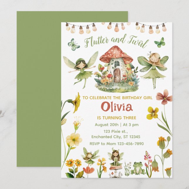 Invitation Fée magique Enchanted Forest Girl Anniversaire (Devant / Derrière)