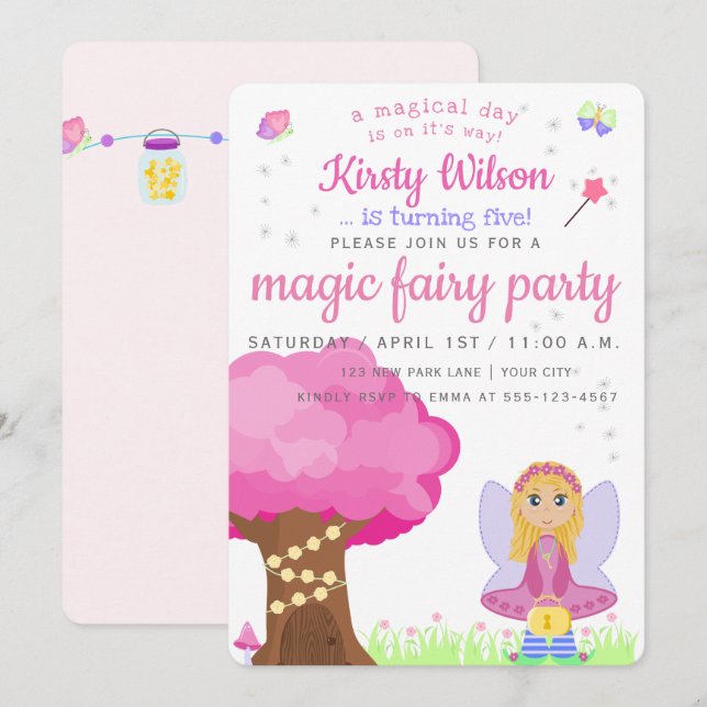 Invitation Fée magique | Fête de l'anniversaire de la fille (Devant / Derrière)